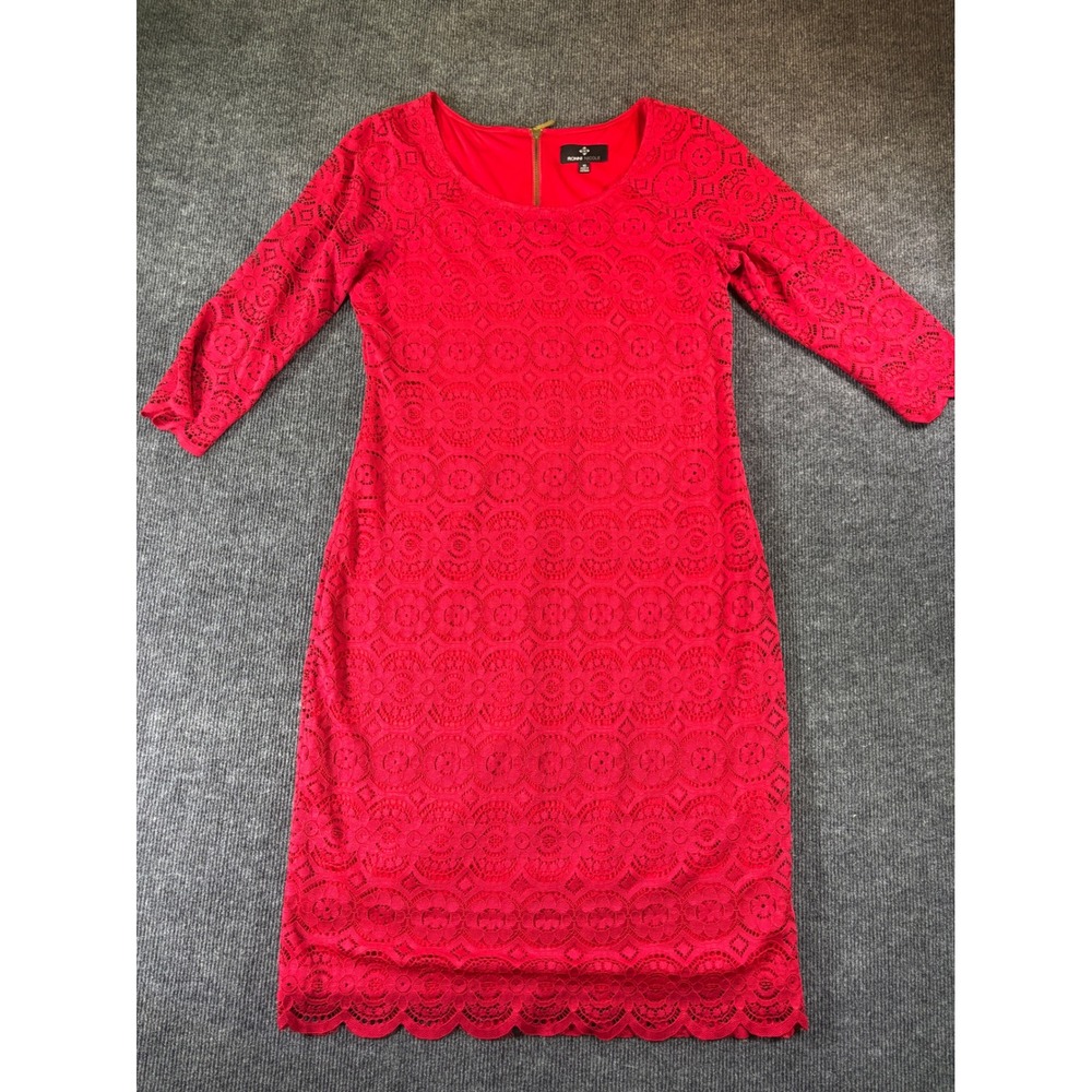 Ronni Nicole Red Floral Lace‎ Sheath Dress 3/4 Sleeve Scalloped Hem Size 10